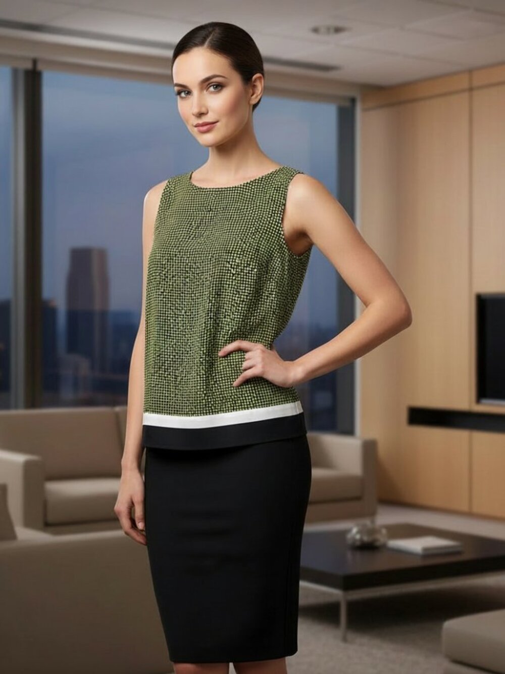 Loft MP PM Blue Lime Green Tie Back Shell Top Petite‎ Office Colorblock Whimsy